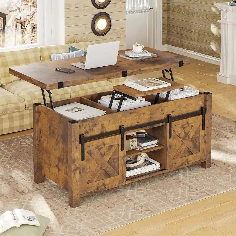 Table basse relevable avec 2 portes de grange coulissantes et rangement