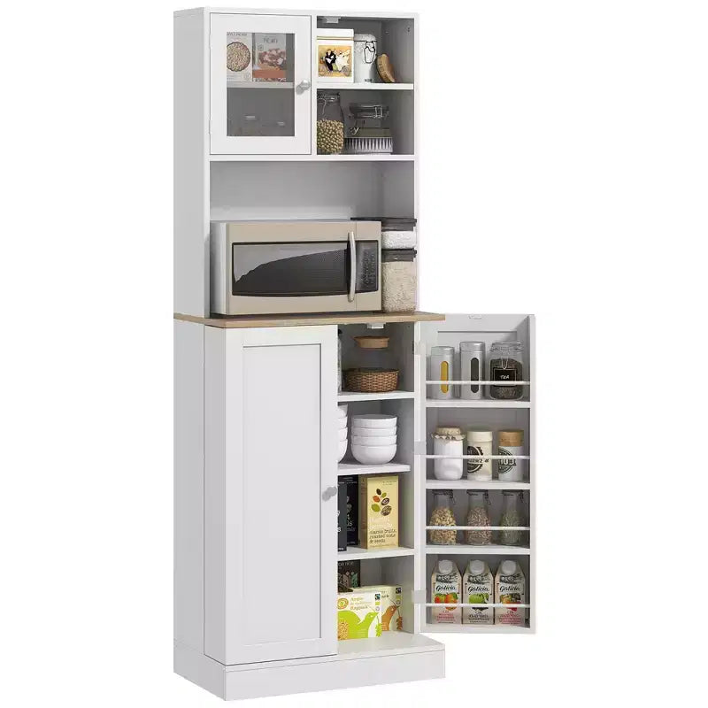 HOMCOM Buffet de cuisine de 169 cm avec support pour micro-ondes, Meuble de rangement de cuisine autonome avec vitrine et étagères réglables, Blanc