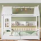 Lit cabane avec tiroirs de rangement et fenêtre, cadre en bois massif avec étagères, design amusant et enfantin, blanc clair