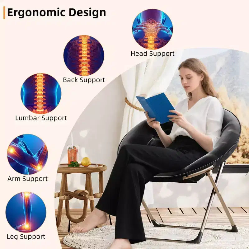 Fauteuil soucoupe, fauteuil moelleux en fausse fourrure, fauteuil lune avec structure métallique pliable, siège d'appoint floral