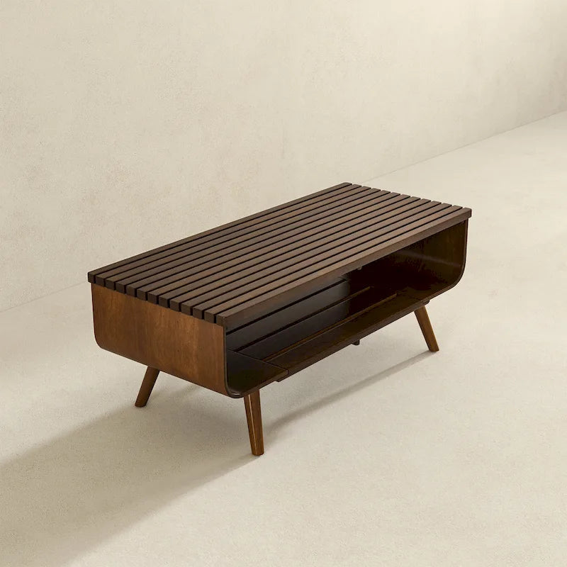 Table basse rectangulaire Adelina en bois massif de style milieu du siècle, marron
