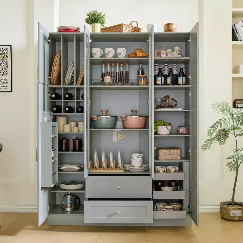 Armoire de rangement de cuisine sur pied Whisen 71H, grand buffet de salle à manger avec 6 portes et étagères réglables