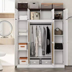 Armoire penderie grande capacité à 8 portes de 180 cm de haut avec tringle, étagères réglables et portes décoratives en rotin