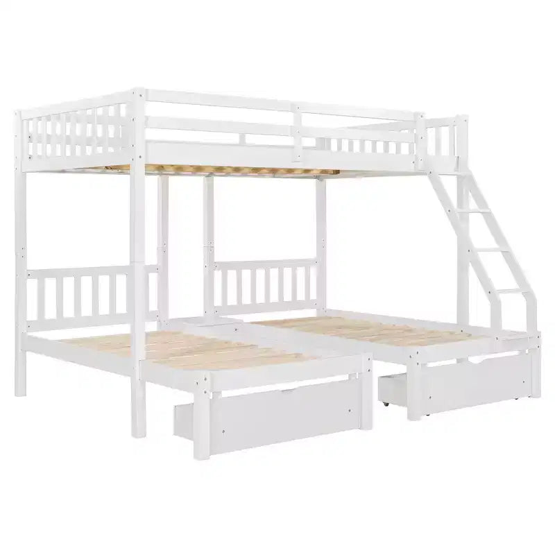 Lit superposé Triple (grand lit en haut, lits jumeaux en bas) avec 2 tiroirs de rangement, en bois, peut être séparé en 3 lits individuels