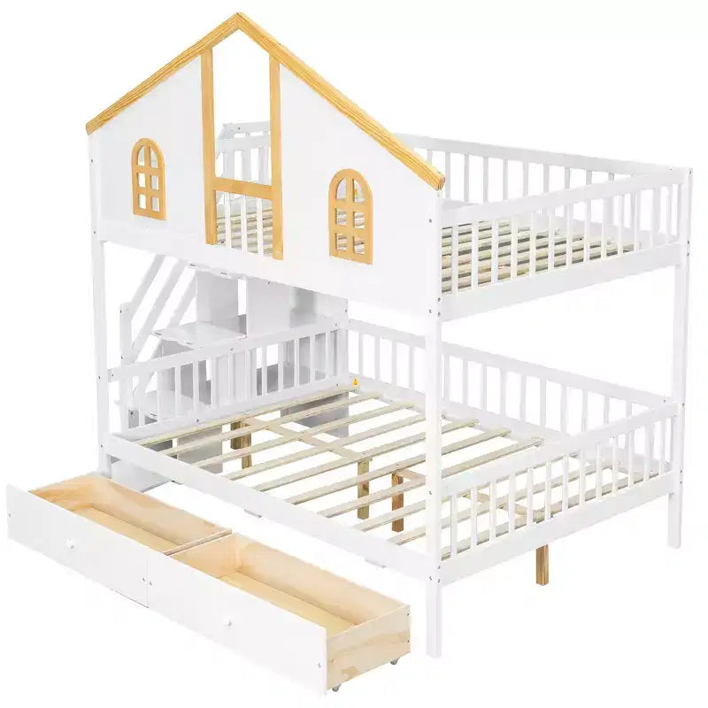Lit superposé Whisen pour jumeaux avec porte fenêtre et toit, tiroirs de rangement et escalier