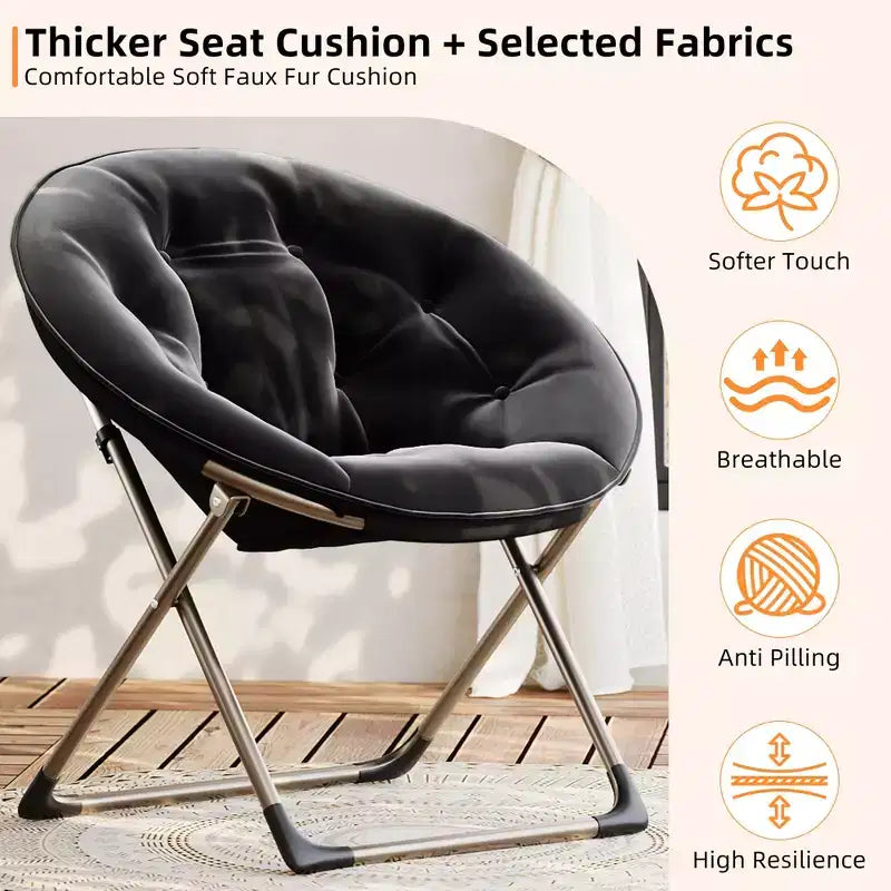 Fauteuil soucoupe, fauteuil moelleux en fausse fourrure, fauteuil lune avec structure métallique pliable, siège d'appoint floral