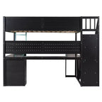 Lit mezzanine GDFStudio Scott en bois avec escalier de rangement, bureau, étagères et panneau perforé