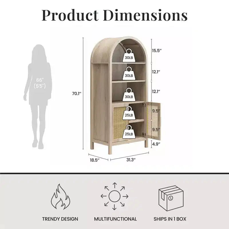 Meuble de Rangement Bohème à Arches avec 2 Portes en Faux Rotin, 5 Étagères Réglables pour Salon, Cuisine, Beige