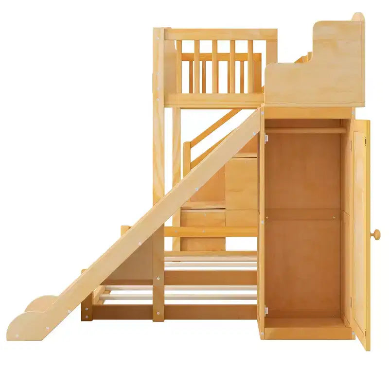 Lit superposé deux places et une place avec toboggan, étagères, escalier de rangement et armoire pour chambre d'enfant