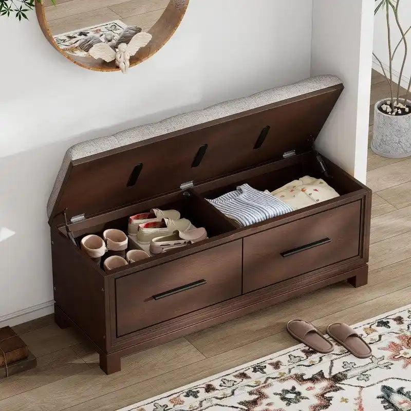 Banc à chaussures avec coussin amovible et rangement dissimulé pour l'organisation de l'entrée et du salon
