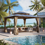 Tonnelle EROMMY à toit rigide, pergola extérieure avec double toit, moustiquaire et rideaux, auvent robuste pour patio, jardin, fête au bord de la piscine