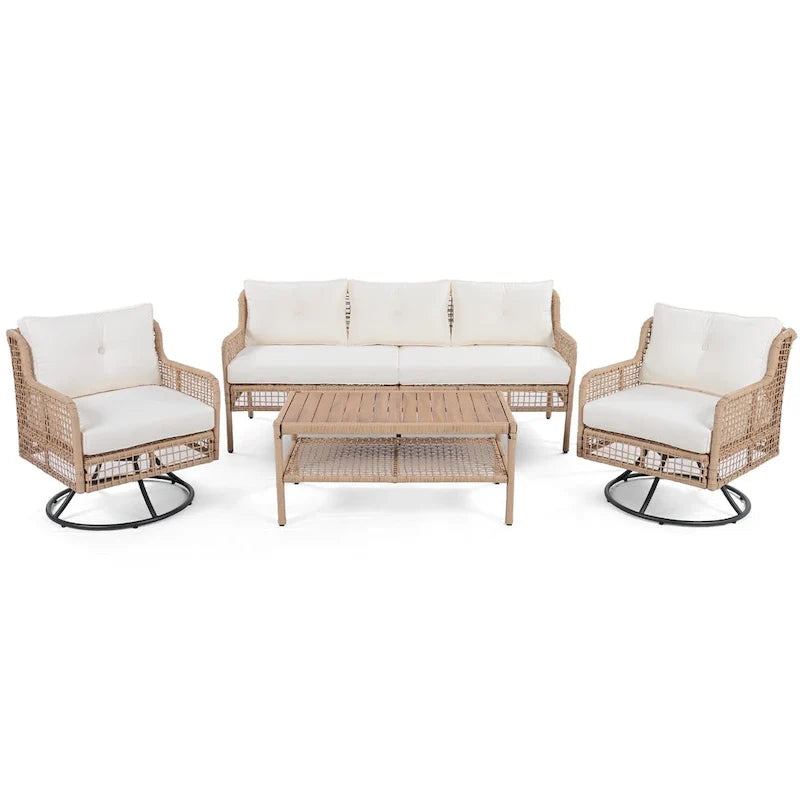 Ensemble de conversation en rotin d'extérieur 4 pièces avec fauteuils pivotants et table basse