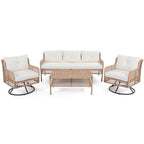 Ensemble de conversation en rotin d'extérieur 4 pièces avec fauteuils pivotants et table basse