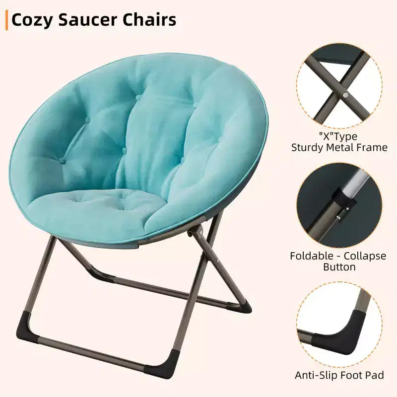 Fauteuil soucoupe, fauteuil moelleux en fausse fourrure, fauteuil lune avec structure métallique pliable, siège d'appoint floral