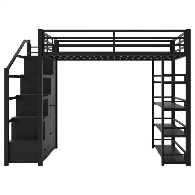 Lit mezzanine Queen Size en métal avec étagères de rangement, armoires et penderie