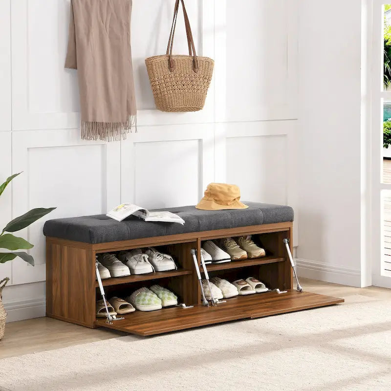 Banc de rangement pour chaussures, meuble à chaussures avec assise rembourrée et deux portes pour entrée