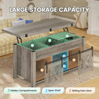 Table basse relevable avec 2 portes de grange coulissantes et rangement