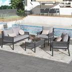 Ensemble de mobilier de patio 4 pièces, ensemble de conversation de jardin extérieur avec table en verre trempé, sièges profonds et coussins épais