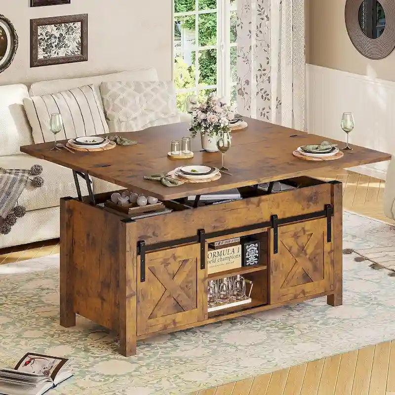 Table basse relevable avec 2 portes de grange coulissantes et rangement