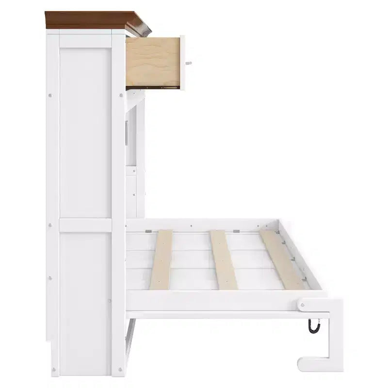 Lit escamotable double avec 3 tiroirs, armoire murale pliable, blanc