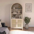 Meuble de Rangement Bohème à Arches avec 2 Portes en Faux Rotin, 5 Étagères Réglables pour Salon, Cuisine, Beige