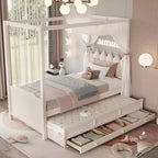 Lit plateforme double/grand format avec lit gigogne, lit à baldaquin en bois de princesse avec 3 tiroirs, lit de rangement avec tête de lit capitonnée pour chambre à coucher