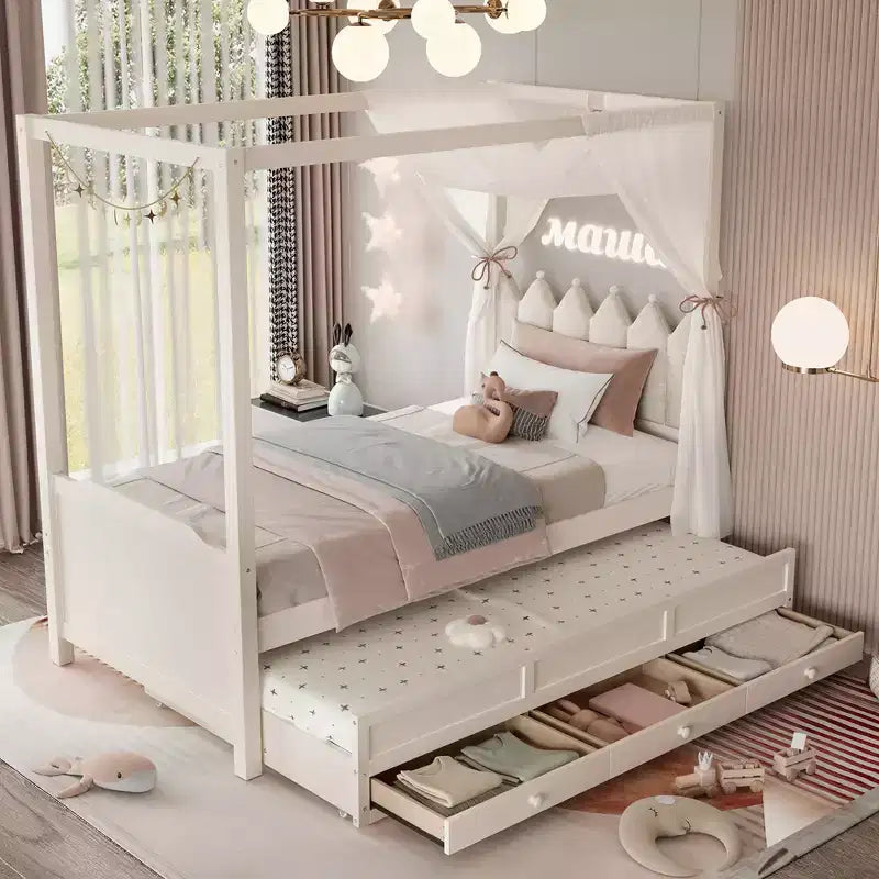 Lit plateforme double/grand format avec lit gigogne, lit à baldaquin en bois de princesse avec 3 tiroirs, lit de rangement avec tête de lit capitonnée pour chambre à coucher