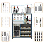 Meuble Bar à Vin Industriel Gris à 3 Niveaux (12+ Bouteilles) 91,4 cm H x 61 cm L x 38,1 cm P, Casier Détachable, 9 Supports à Verres et Étagères Réglables pour Maison/Bar