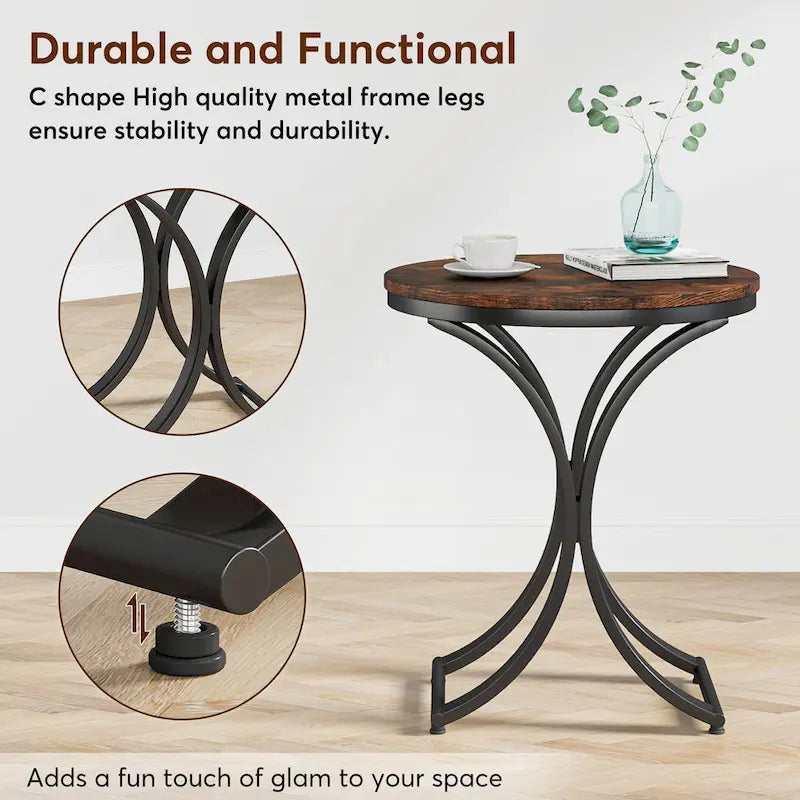 Petite table d'appoint ronde moderne, bout de canapé ou table de chevet avec structure en métal doré et plateau en bois d'ingénierie aspect marbre pour salon