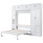 Lit escamotable moderne blanc pleine grandeur avec tiroirs, casiers et armoires