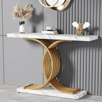 Table console moderne noire/dorée avec plateau en faux marbre, table d'entrée en bois de 99 cm avec pieds métalliques géométriques