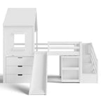 Lit mezzanine simple avec 3 tiroirs et escalier de rangement, structure cabane en bois avec toboggan et bureau amovible