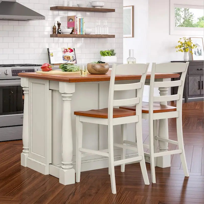 Ensemble îlot de cuisine 3 pièces Homestyles Monarch en bois blanc cassé avec plateau en bois à abattant - 48 x 25 x 36