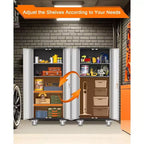Armoire de rangement de garage avec roues et panneau perforé, armoire de rangement métallique verrouillable de 72 po de hauteur avec 2 portes et 4 étagères réglables pour atelier de garage
