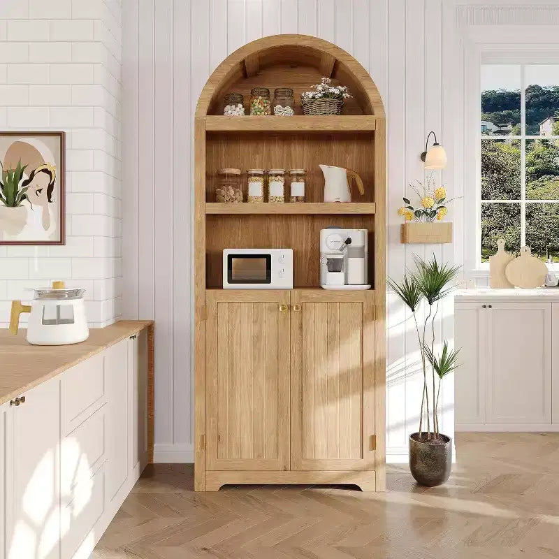 Armoire arquée haute de 183 cm, bibliothèque arquée à 5 niveaux avec doubles portes et étagère réglable, bibliothèque en bois avec rangement pour bureau à domicile