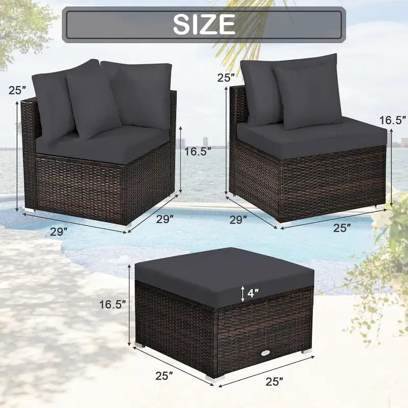 Ensemble de meubles de patio en rotin 4 pièces avec coussins et oreillers amovibles – Canapé d'angle : 73,7 x 73,7 x 63,5 cm