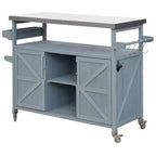 Îlot de cuisine d'extérieur Okak avec plateau en acier inoxydable, chariot de cuisine en bois avec portes, étagères et porte-épices, îlot de cuisine roulant