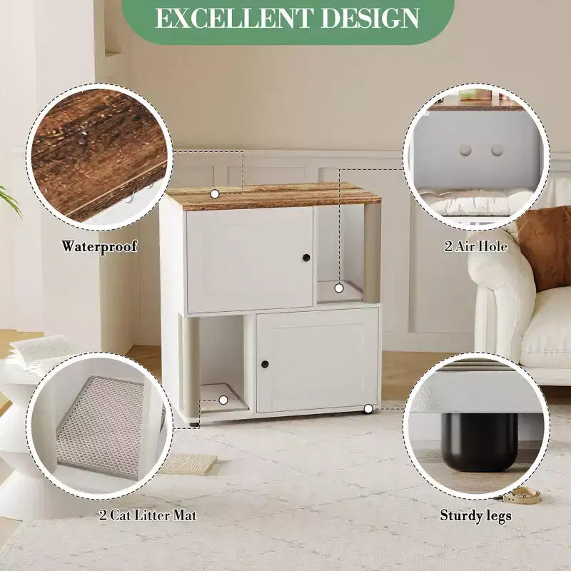 Meuble cache-litière double avec poteaux à griffer et tapis de litière à double couche pour animaux de compagnie d'intérieur