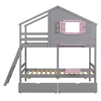 Lit superposé cabane jumeau sur jumeau avec 2 tiroirs, étagères de rangement et fenêtre
