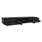 Meuble TV pour téléviseur de 95 pouces, console média extra-longue avec 2 portes et 4 tiroirs, grand meuble de rangement TV avec portes en verre cannelé