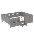Lit pour tout-petits Bellemave Queen Size avec 14 barrières de sécurité, cadre de lit peu encombrant avec étagères intégrées et 2 tiroirs de rangement sous le lit
