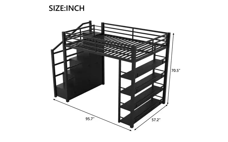 Lit mezzanine Queen Size en métal avec étagères de rangement, armoires et penderie