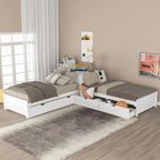 Lit plateforme moderne blanc en forme de L pour deux personnes avec lit gigogne et tiroirs pour chambre à coucher