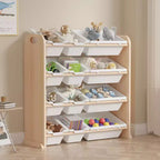 VECELO Étagère de Rangement pour Enfants avec 12 Bacs, Meuble de Rangement en Bois pour Tout-Petits, Grande Capacité pour Livres ou Jouets