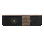 Meuble TV incurvé au sol de 70,8 po avec 3 tiroirs, meuble TV décoratif à 3 portes pour téléviseurs jusqu'à 80 po, console média