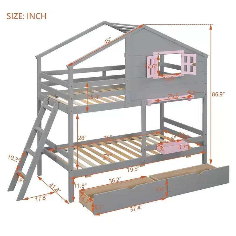 Lit superposé cabane jumeau sur jumeau avec 2 tiroirs, étagères de rangement et fenêtre