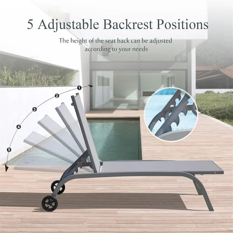 Chaise longue – Lot de 2, chaises longues avec roulettes, chaises longues avec 5 positions réglables, chaises de piscine (2 chaises longues)
