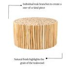 Table basse en teck massif marron naturel rond en forme de fagot de branches par East at Main