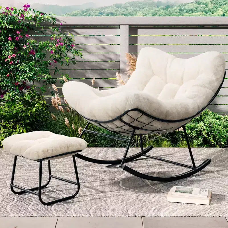 Fauteuil à bascule Papasan surdimensionné avec ottoman et coussin en peluche moelleux, chaise longue avec repose-pieds et cadre en métal robuste, Rocker Egg pour salon